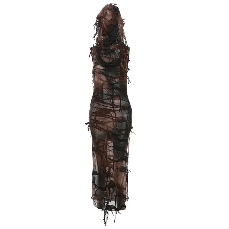 Tassel Vintage Gothic Hooded Midi Dress Fairy Grunge Y2K High Split Sleeveless Tie Dye Dress
