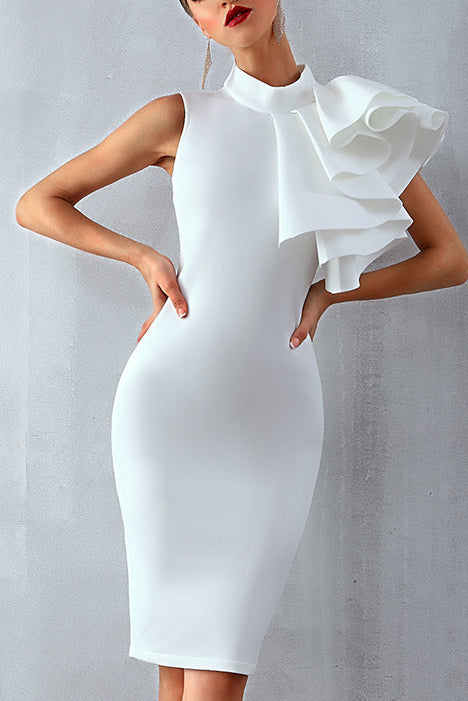 Solid Turtleneck Sleeveless Pleat Detail Bodycon Dress - Mislish