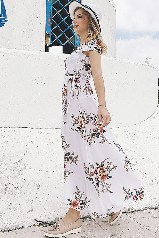 V Neck Asymmetrical Hem Lace-up Floral Dress