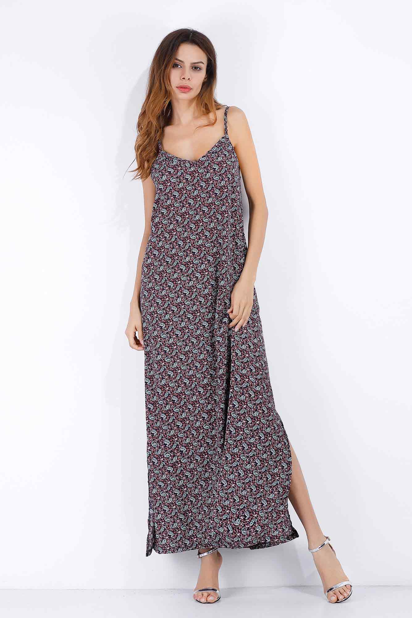 Floral V Neck Backless Slit Maxi Chiffon Dress - Mislish