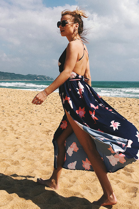 Floral V Neck Crisscross Lace-up High Split Maxi Dress