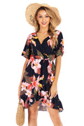 V Neck Floral Print Ruffle Hem Dress - Mislish