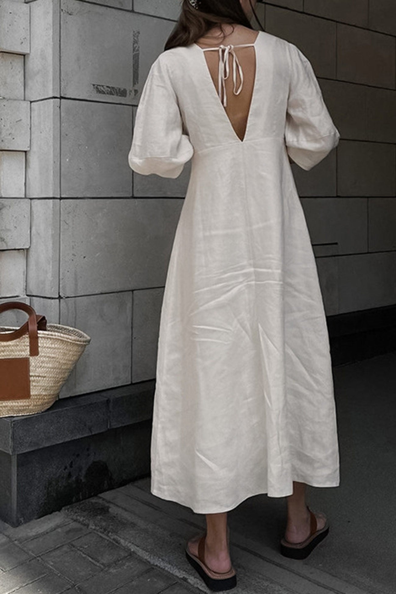 V Neck Single breasted Cotton Linen A line Dress