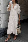V Neck Single breasted Cotton Linen A line Dress