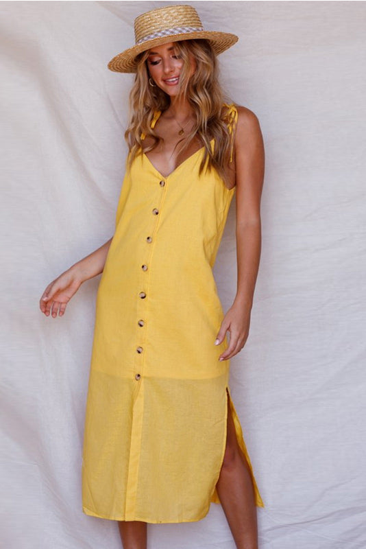V Neck Sleeveless Single Breasted Lace-up Slit Dress