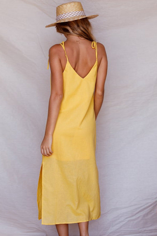 V Neck Sleeveless Single Breasted Lace-up Slit Dress