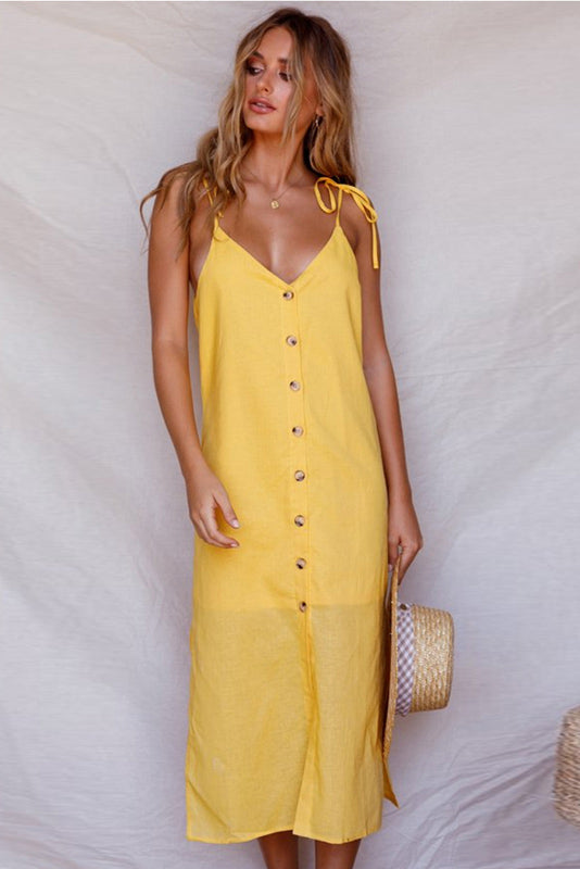 V Neck Sleeveless Single Breasted Lace-up Slit Dress - Mislish