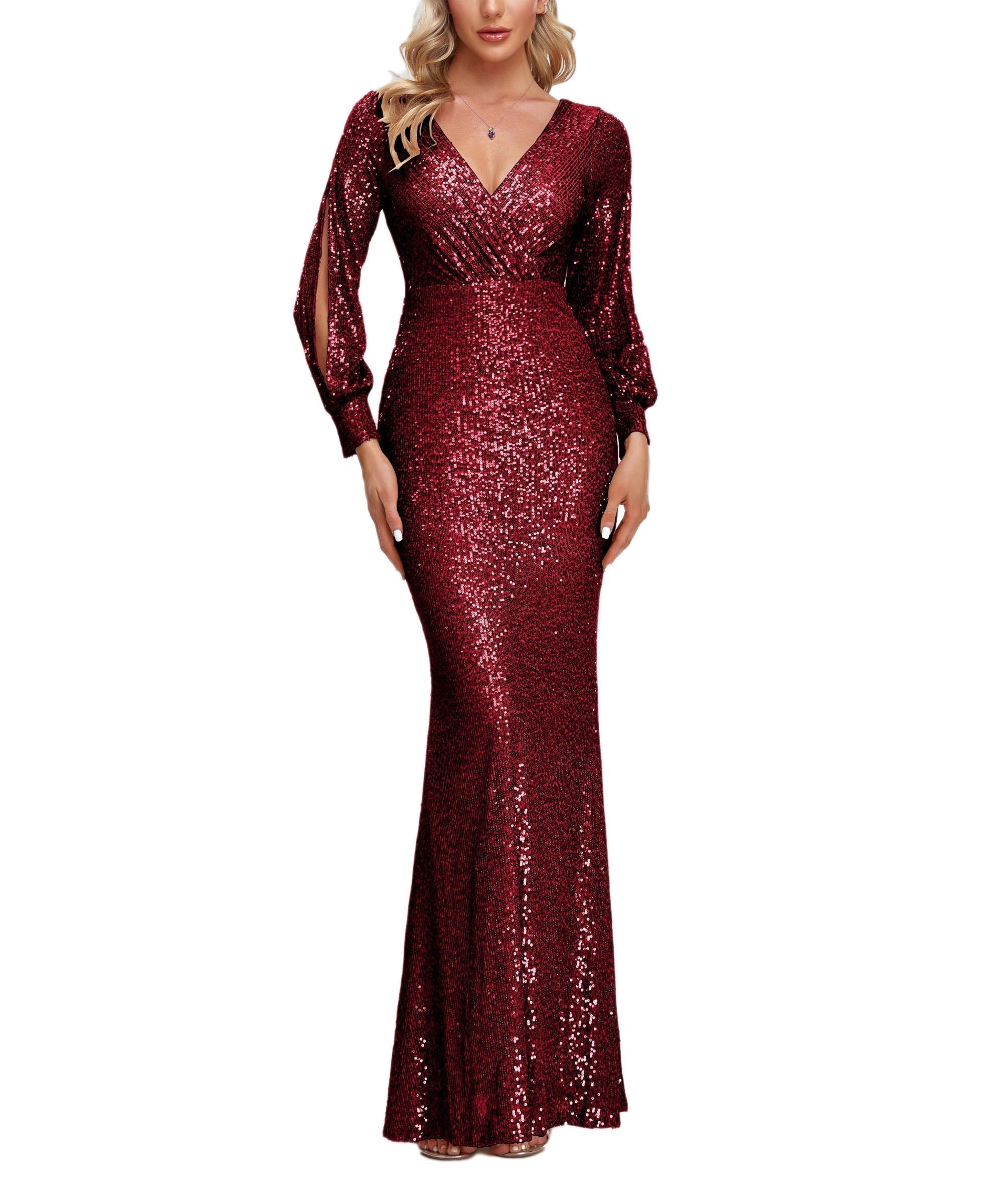 V Neck Split Long Sleeve Shinning Sequins Dress