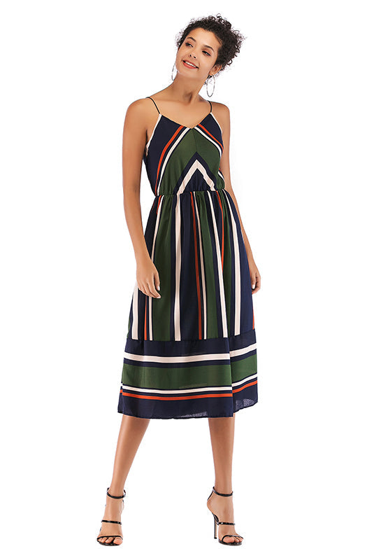 V Neck Striped Color-block Backless Chiffon Dress - Mislish