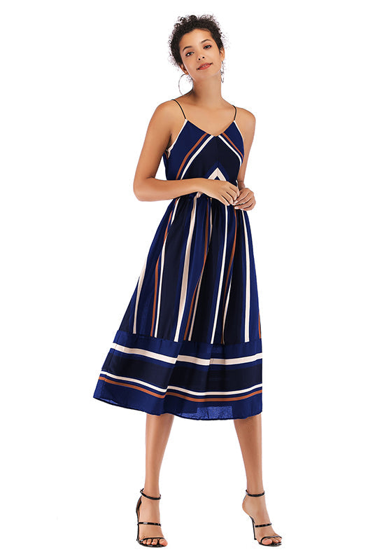 V Neck Striped Color-block Backless Chiffon Dress - Mislish