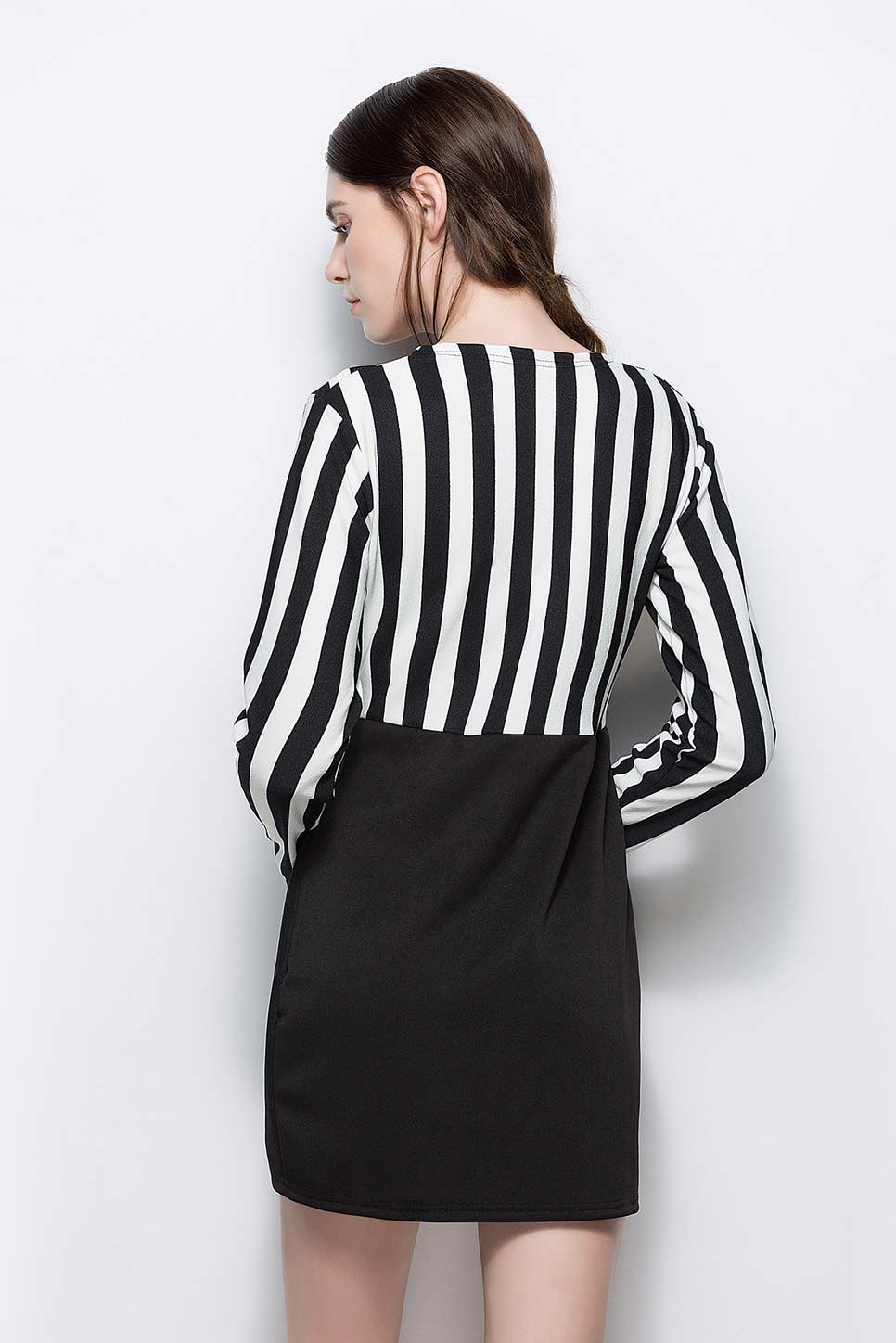 V Neck Striped Long Sleeve Short Dress