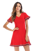 V Neck Tassel Hem Lace-up Back Mini Dress - Mislish