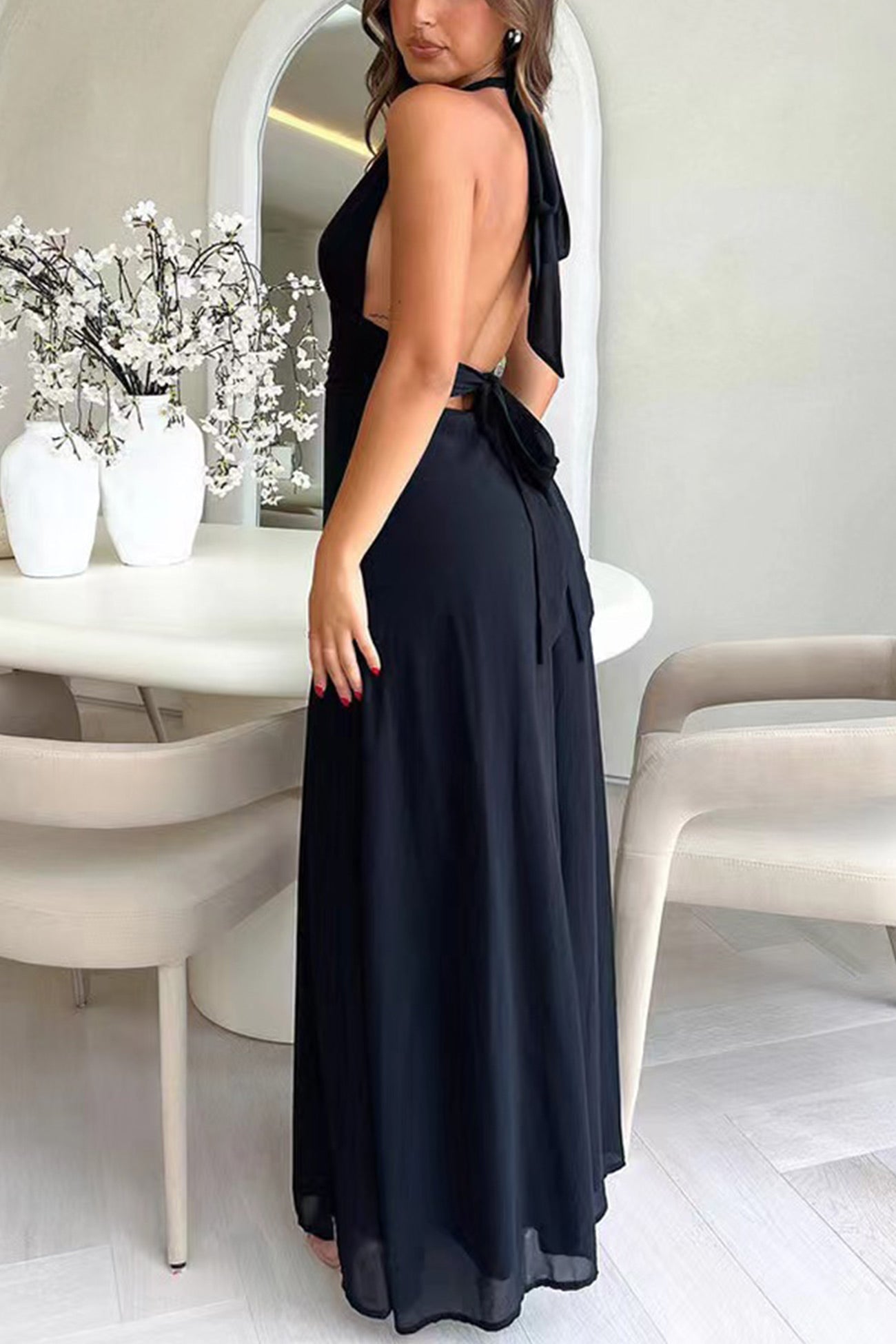 V Neck Tie back High Slit Maxi Dress