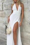 V Neck Tie back High Slit Maxi Dress