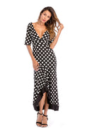 V-neck Polka Dot Asymmetrical Ruffle Hem Backless Dress - Mislish