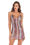 V-neck Sequin Open Back Mini Bodycon Dress - Mislish