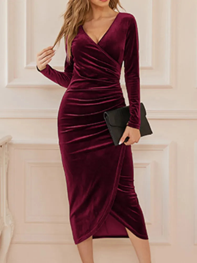 Velvet Split Ruched Vneck Midi Bodycon Dress