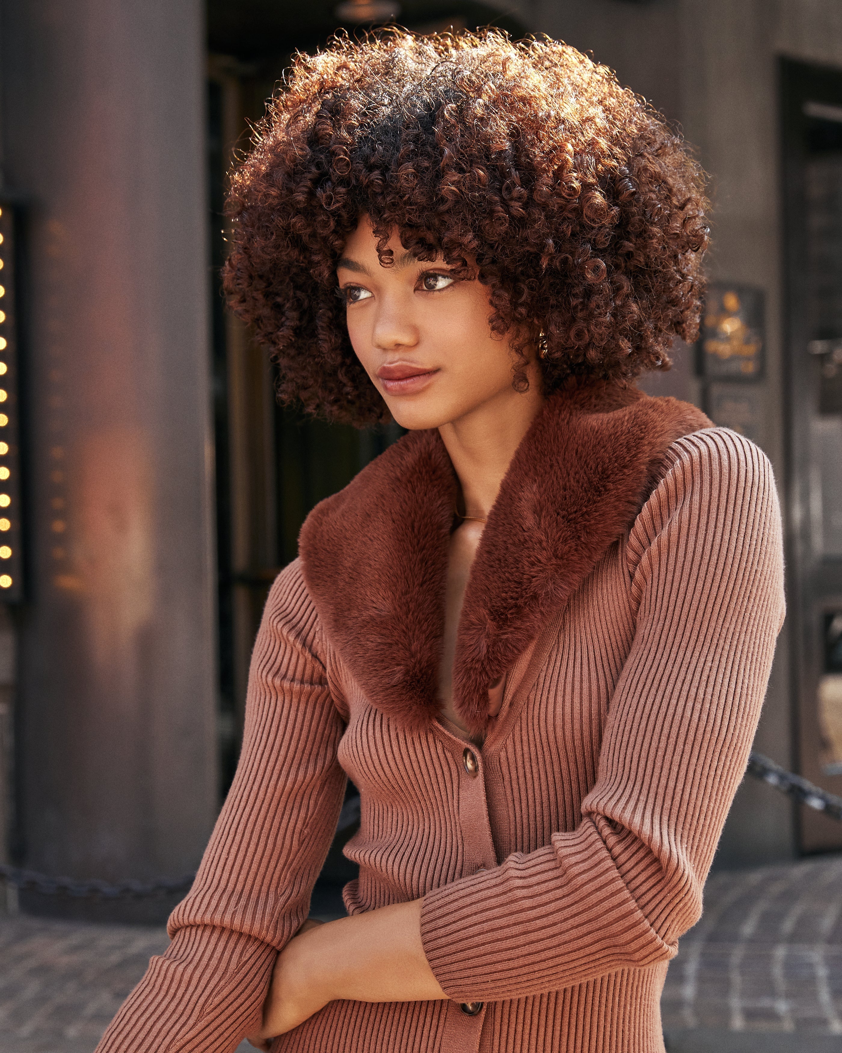 Canal Street Faux Fur Collar Knit Midi Dress FINAL