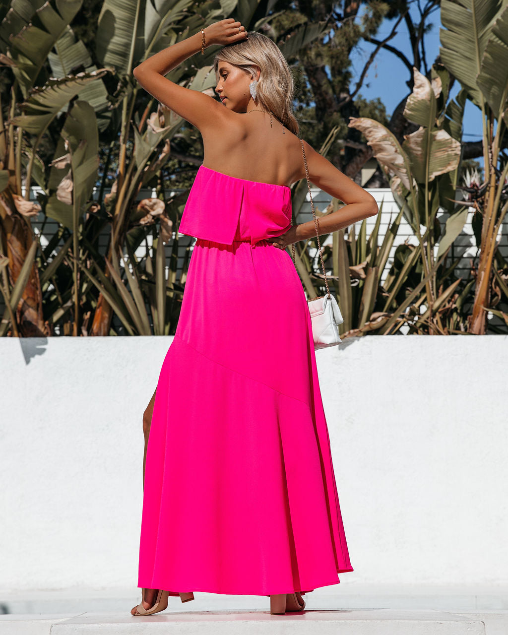 Vivid Strapless Slit Maxi Dress Hot Pink