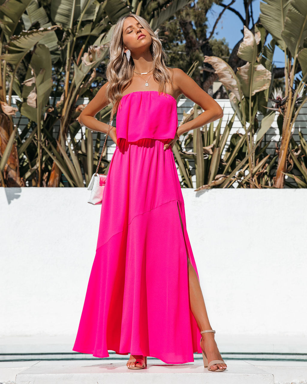 Vivid Strapless Slit Maxi Dress Hot Pink