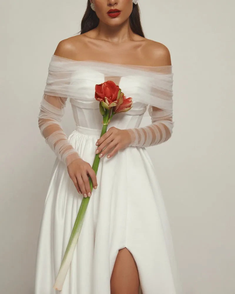 Detachable A-Line Skirt Train with Side Slit Wedding Dress Vestido De Novia Court Train Dress Satin Bow Bridal Gown Skirt Dress