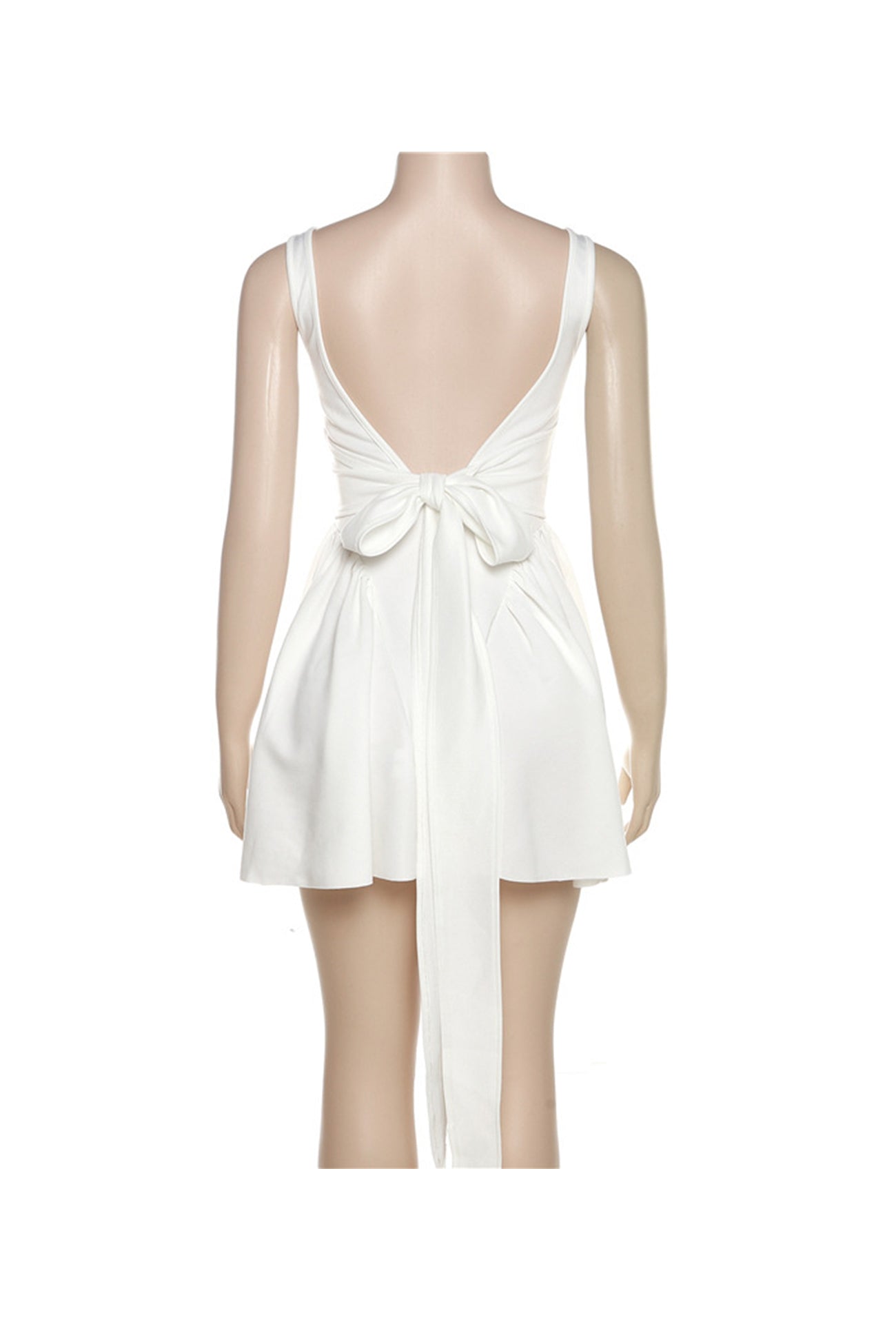 White Backless Tie back Ruched Dress