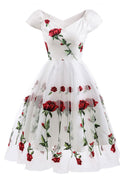 Black Off-the-shoulder Rose Embroidered A-line Prom Dress - Mislish