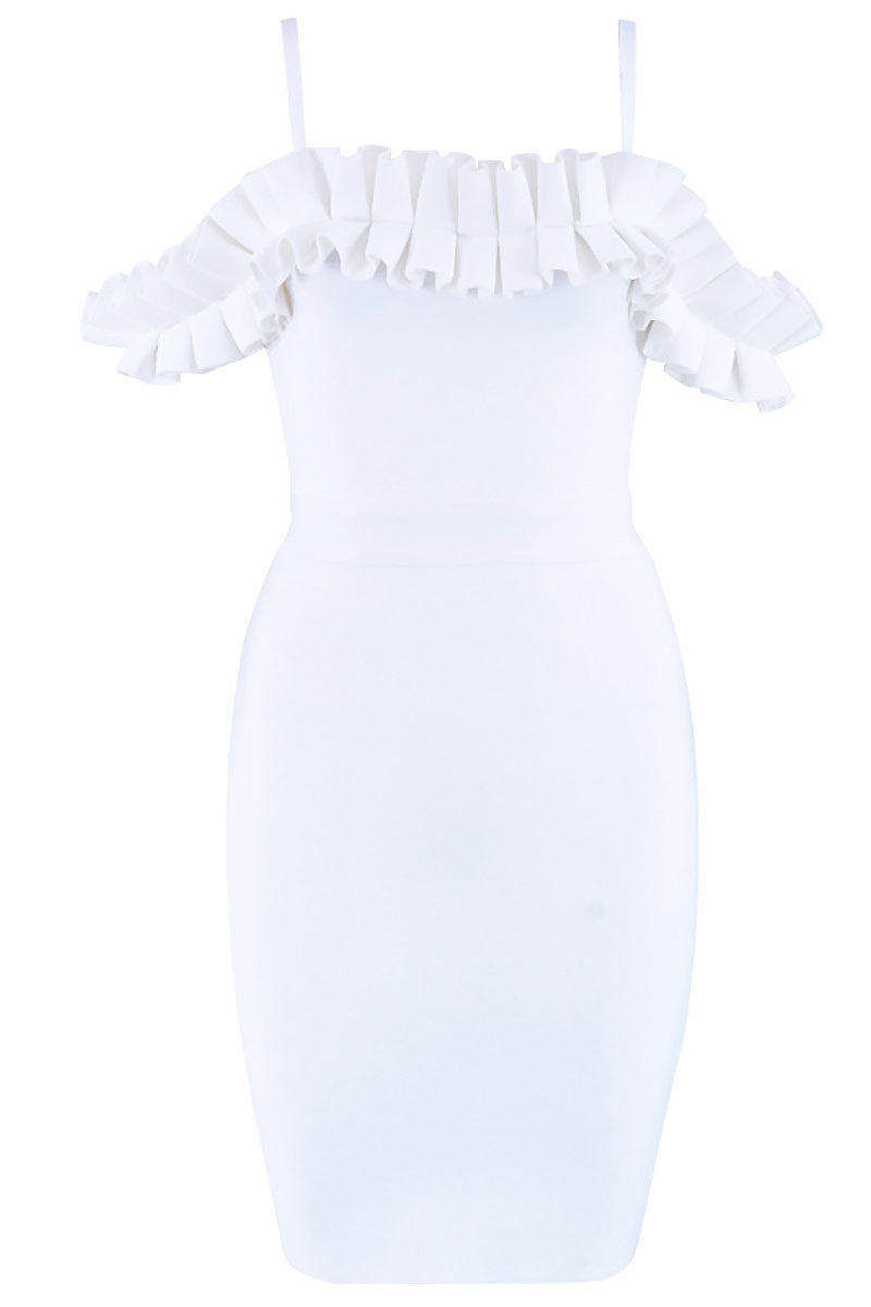 White Off-the-shoulder Ruffled Spaghetti Strap Bandage Dress