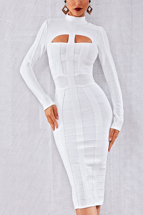 White Turtleneck Cut Out Bandage Dress - Mislish