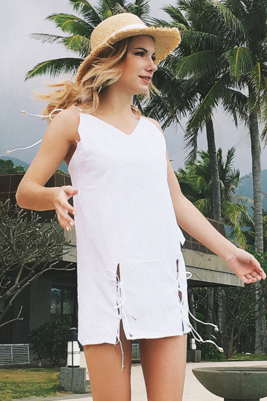 White V Neck Lace-up Backless Short Dress - Mislish
