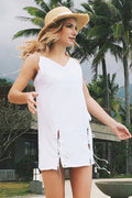 White V Neck Lace-up Backless Short Dress - Mislish