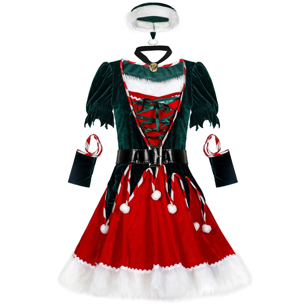 Christmas Santa Claus Costume Funny Green Elf Cosplay 5Pcs Set