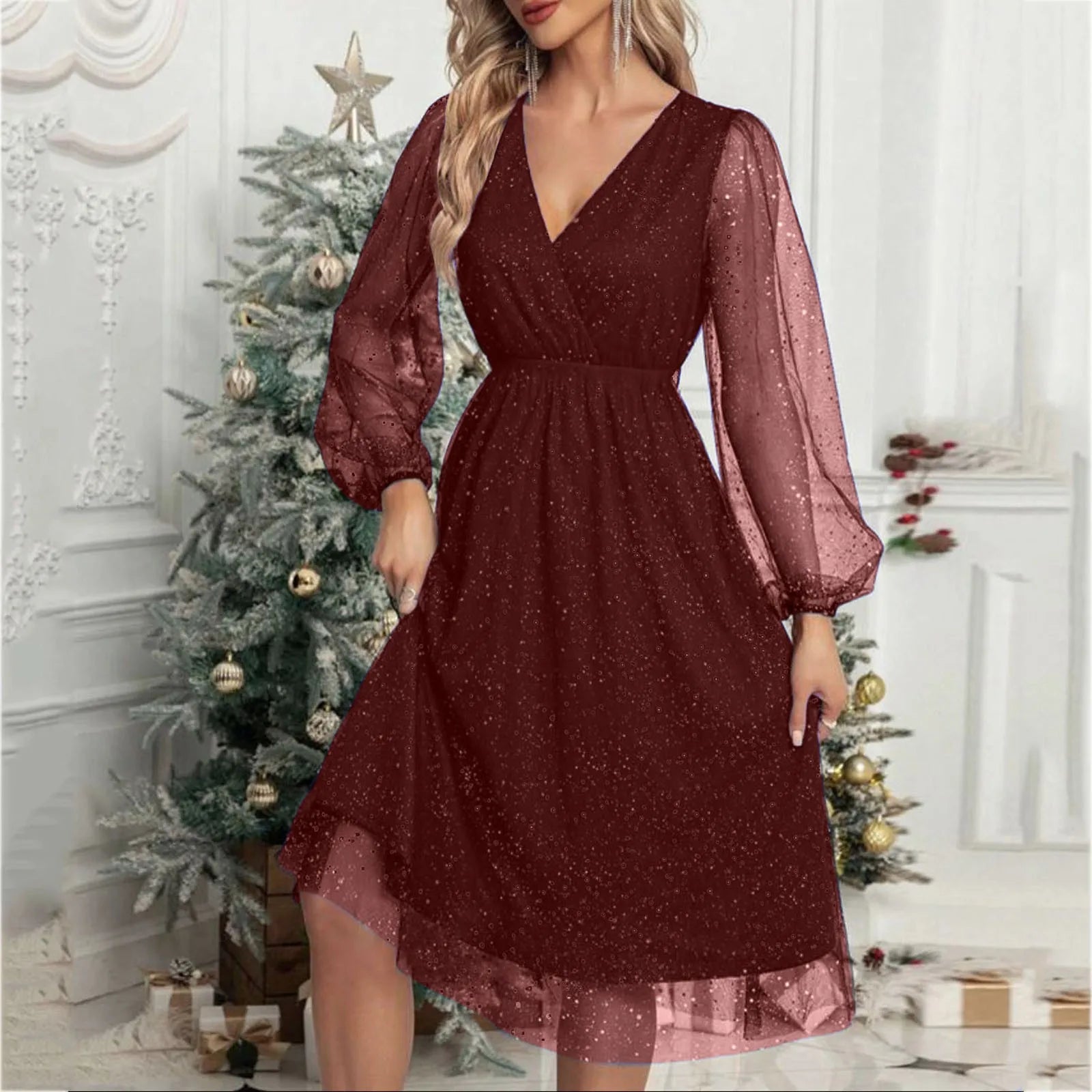 Elegant ALine Mini Evening V Neck Mesh Long Sleeve Glitter Party Club High Waist Tulle Formal Dress