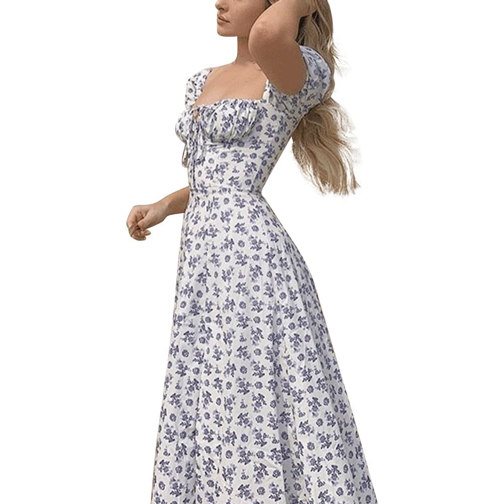 Women Printed Boho Dress Short Sleeve Split Summer Dress