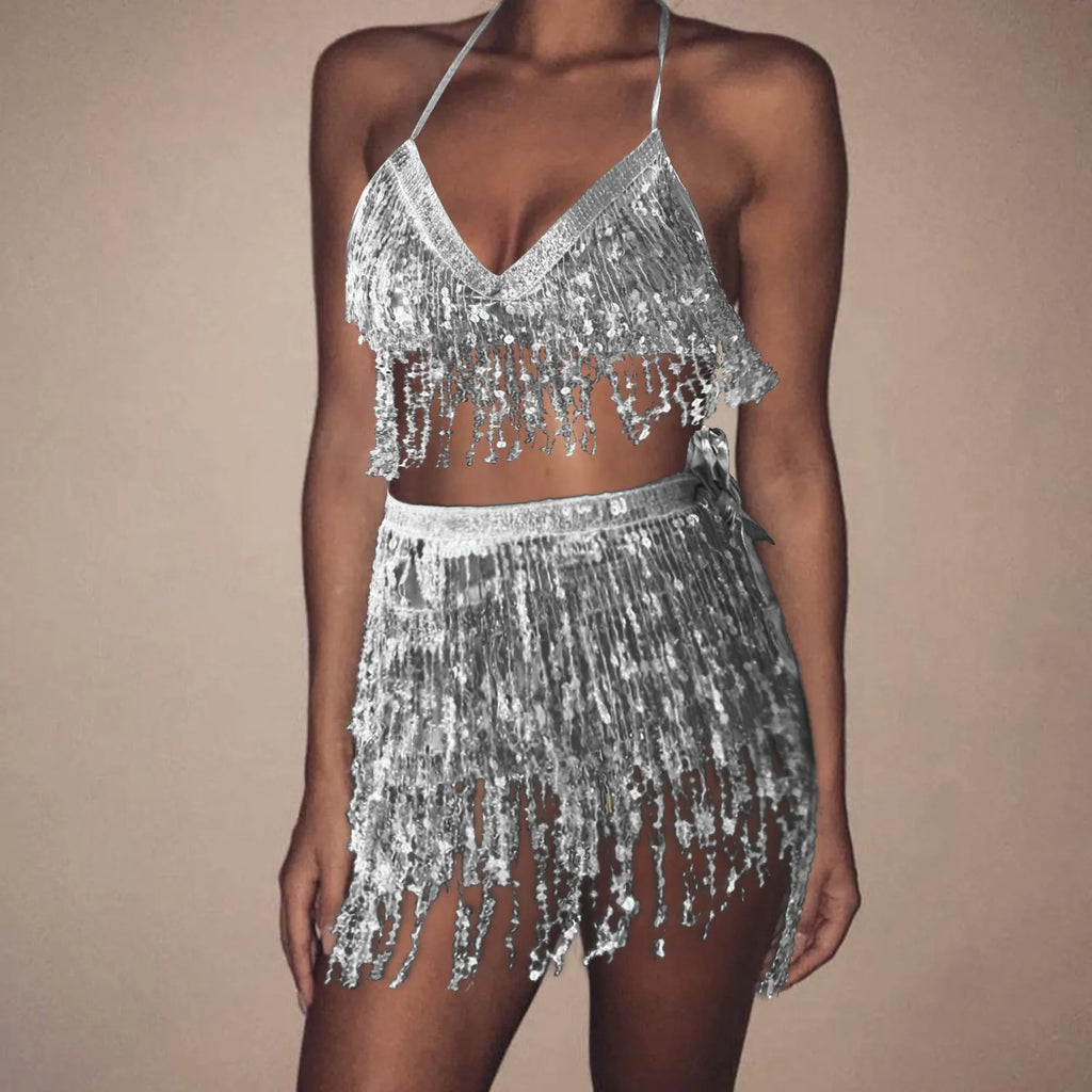 Sparkling Sequin Belly Costume Tassel Wrap Mini Skirt Club And Vest Set Club Party Shiny Dance Costume TwoPiece Women Clothing Dress