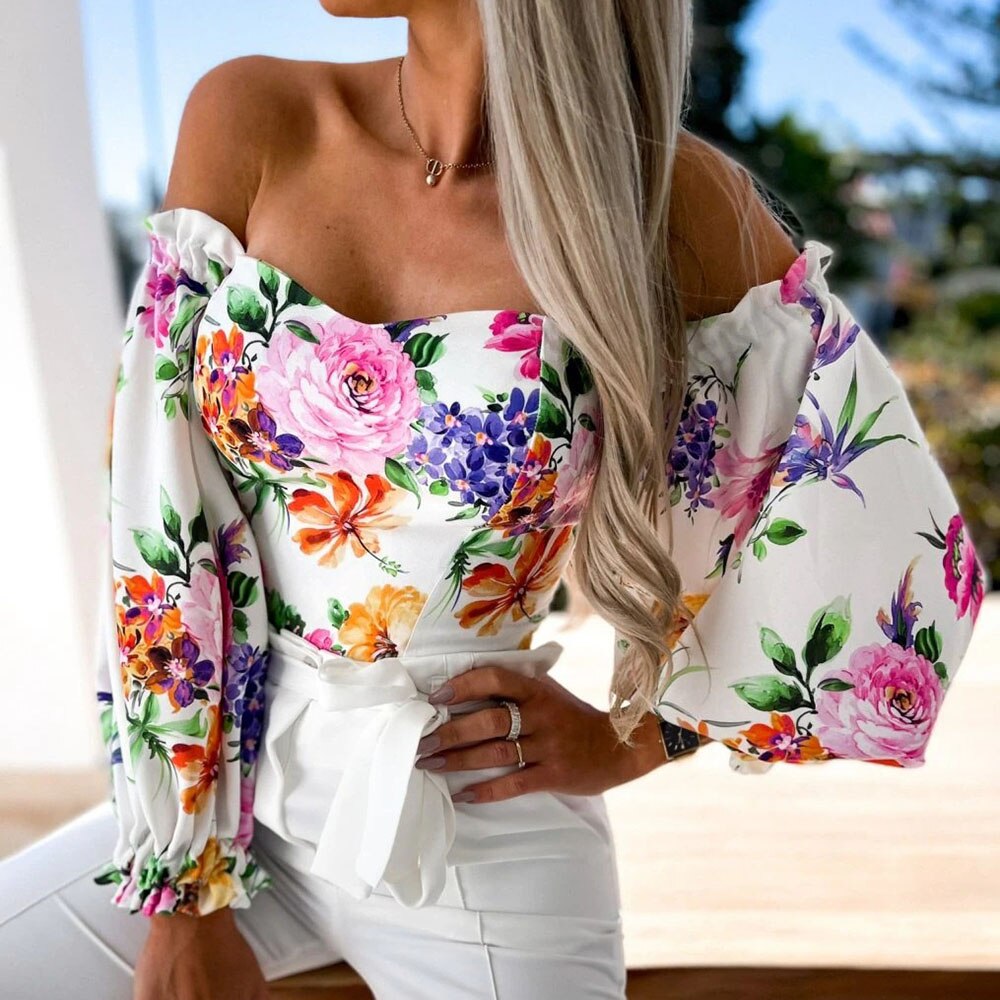 Women Top Summer Off Shoulder Floral Blouses Holiday Slash Neck Tops