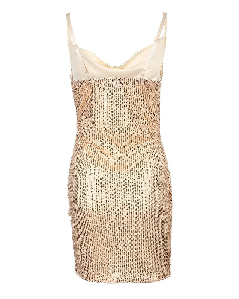Spaghetti Strap Sleeveless Ruched Mini Sequin Irregular Hem Bodycon Party Club Wear Dress