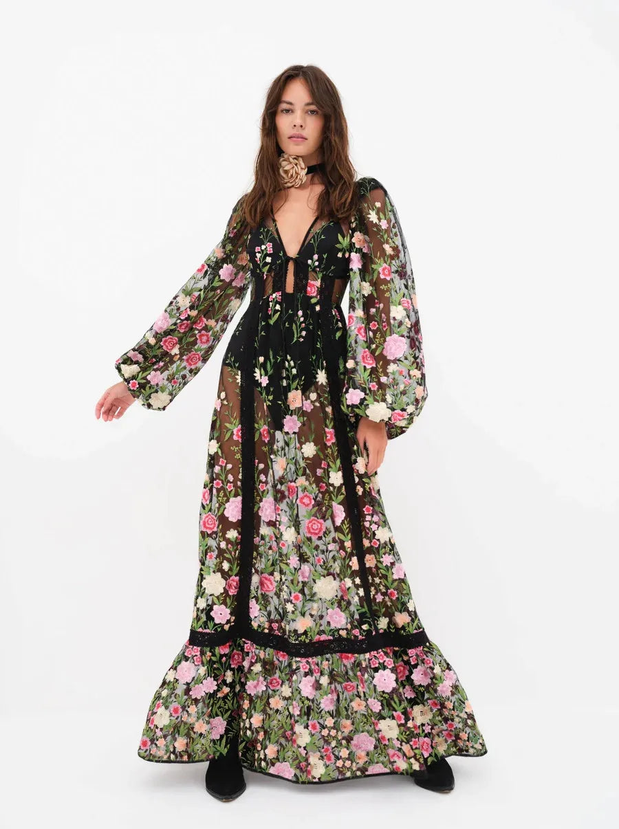 Women Backless Seethrough VNeck Long Sleeve Floral Dress