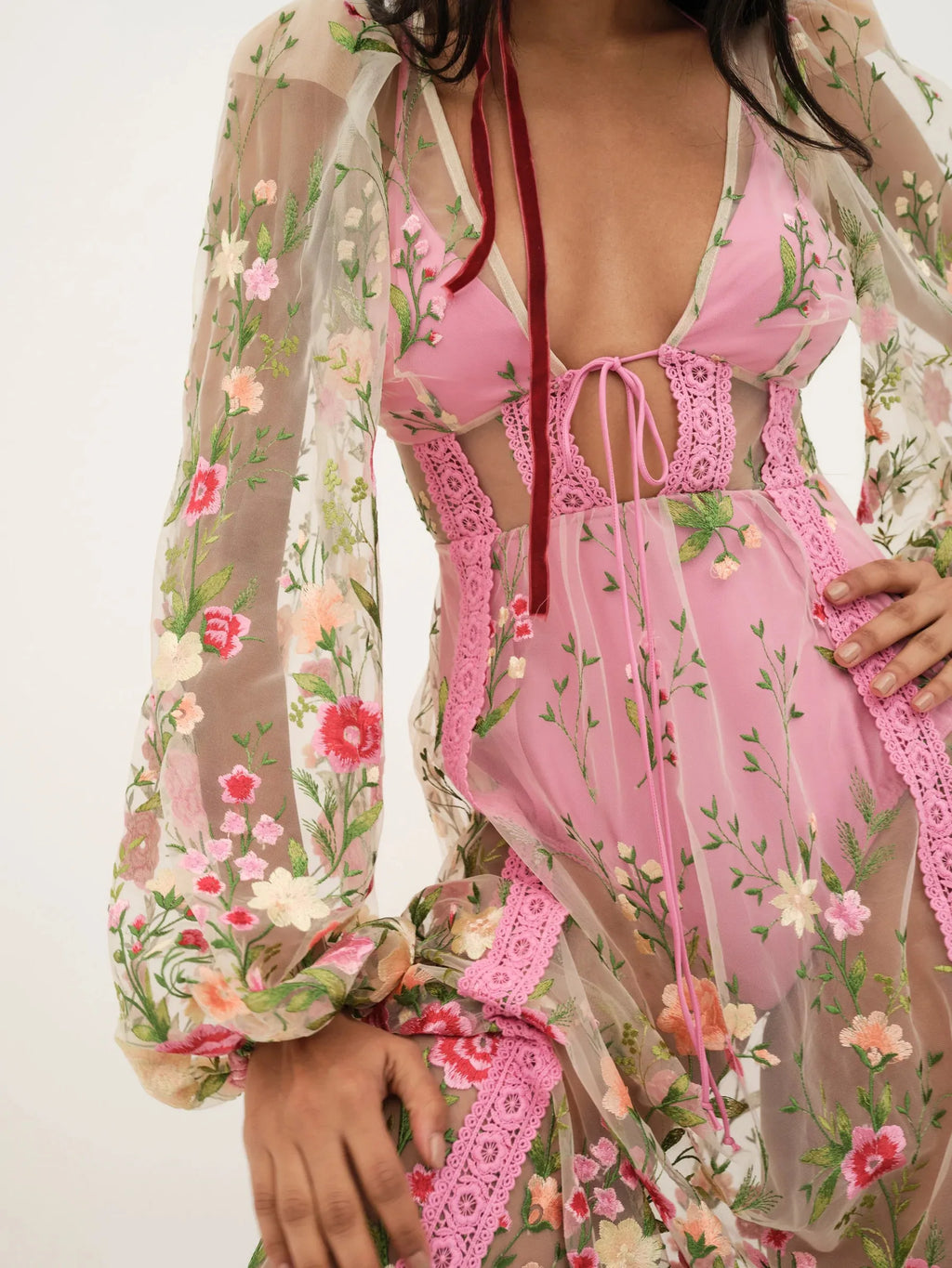 Women Backless Seethrough VNeck Long Sleeve Floral Dress