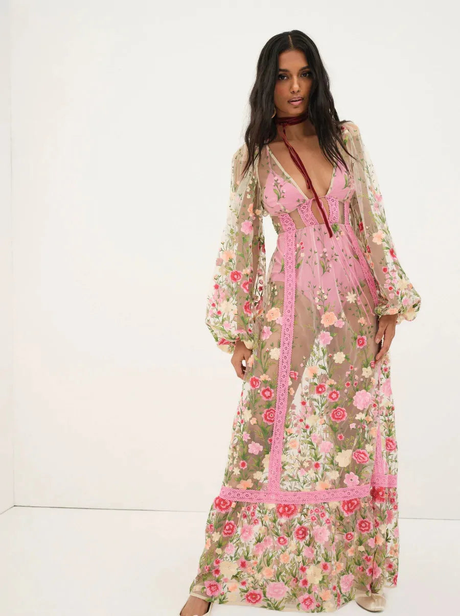 Women Backless Seethrough VNeck Long Sleeve Floral Dress