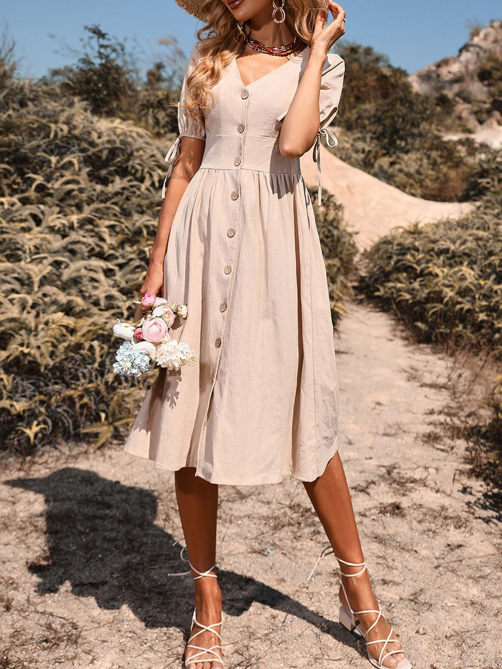 Women Vintage Holiday V Neck Buttons High Waist ALine Casual Dress