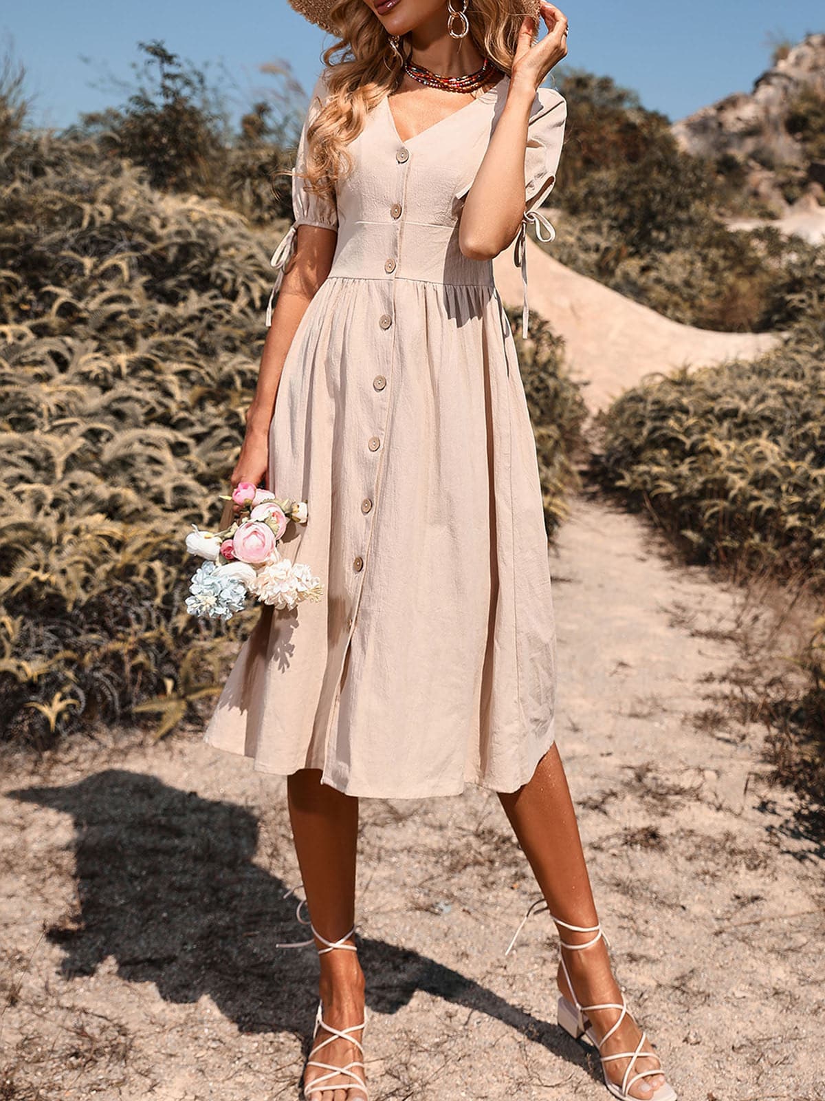 Women Vintage Holiday V Neck Buttons High Waist ALine Casual Dress
