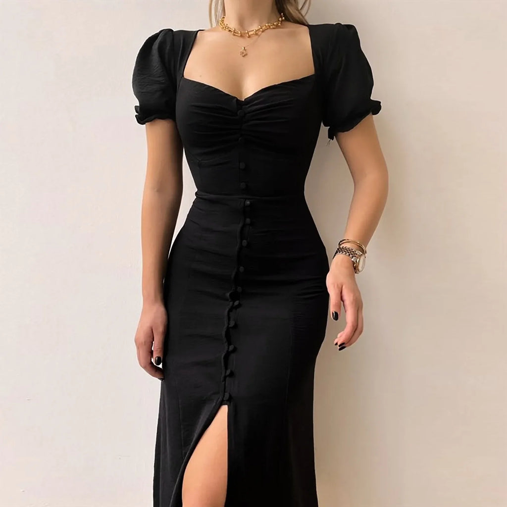 Casual Solid Square Neck Aline Pleated Midi Dress