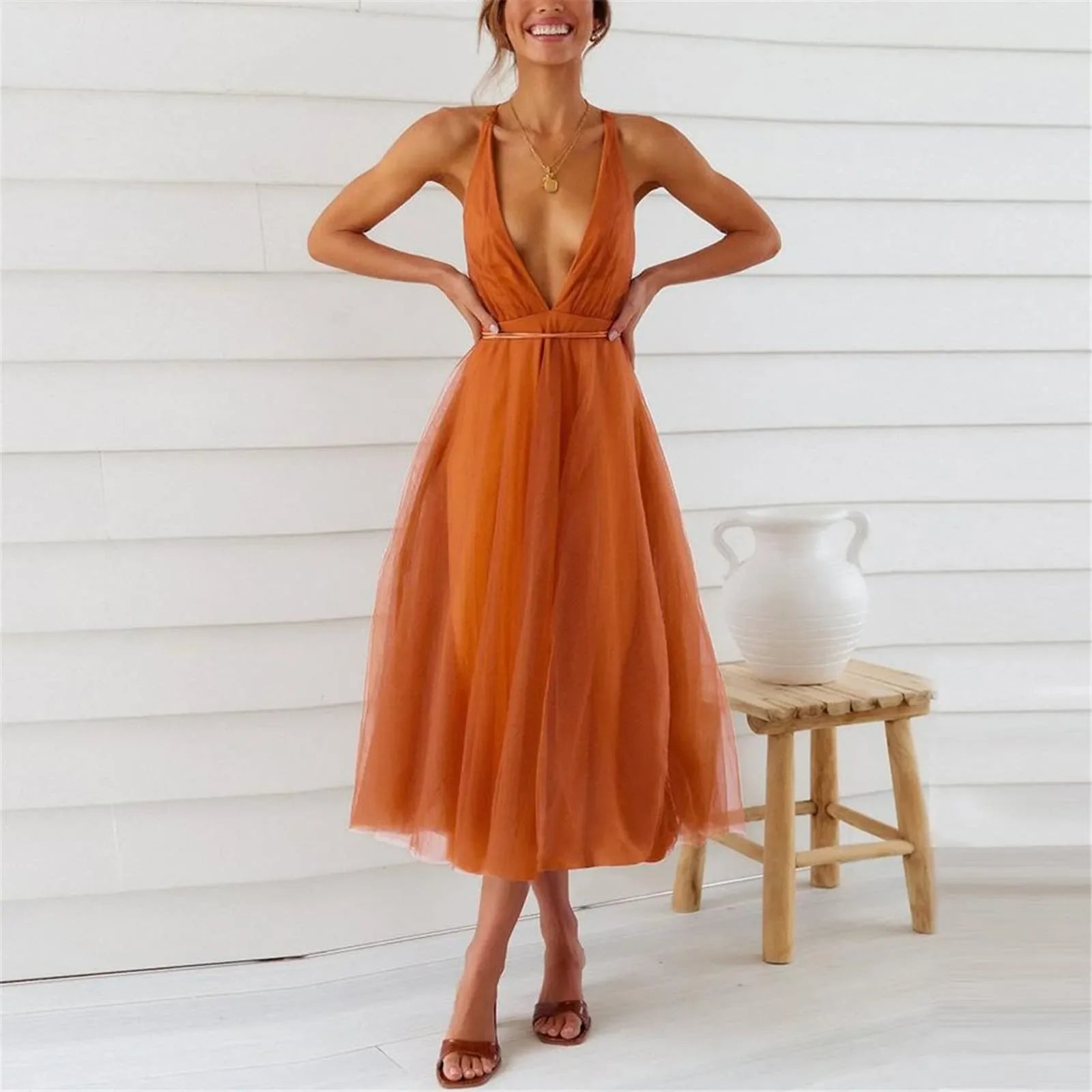 LaceUp Empire Waist Deep VNeck Backless Tulle Bridesmaid Midi Dress