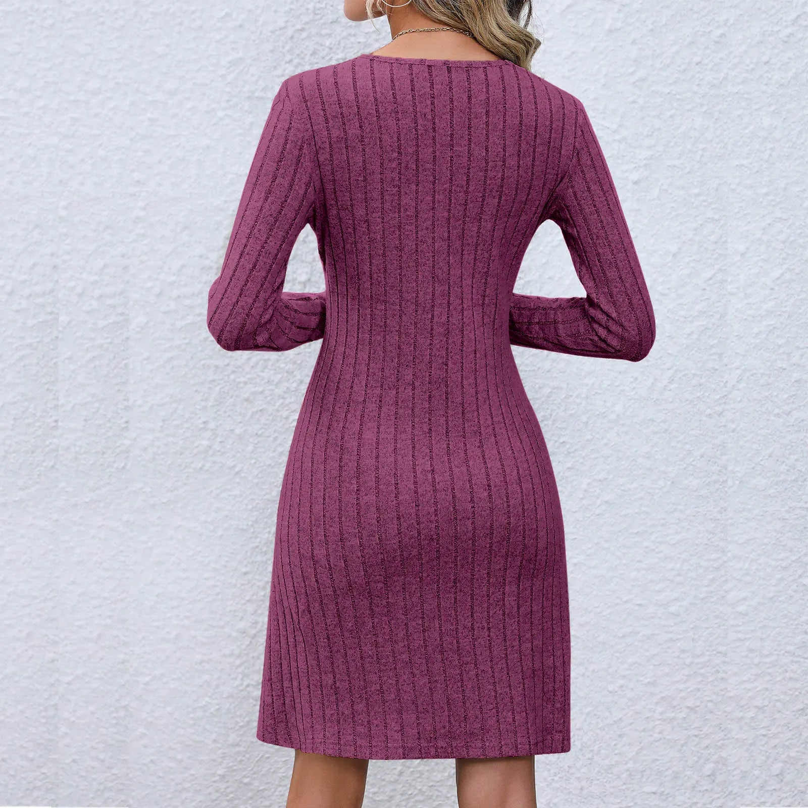 Chic VNeck Buttoned Waist Long Sleeve Solid Color Midi Dress