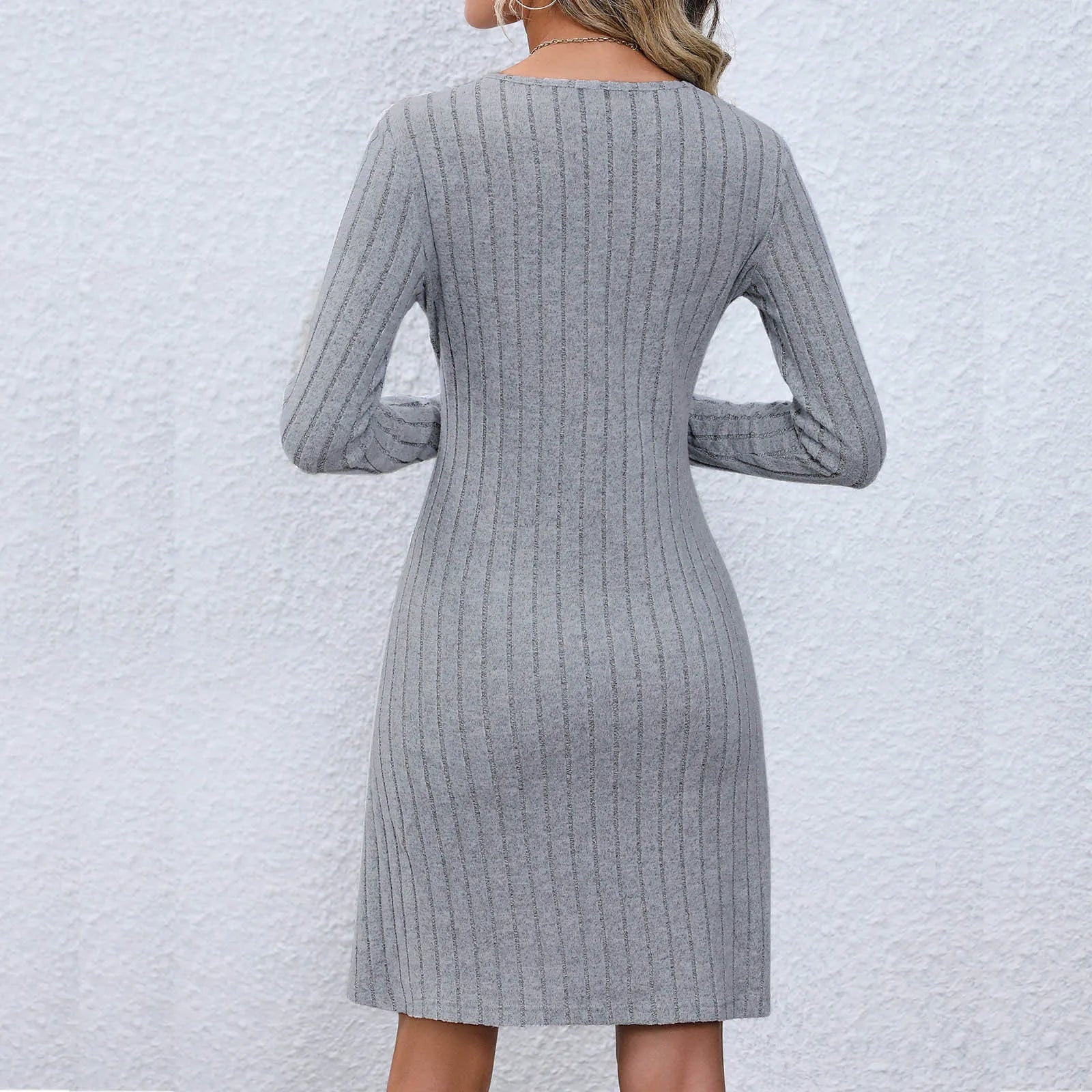 Chic VNeck Buttoned Waist Long Sleeve Solid Color Midi Dress