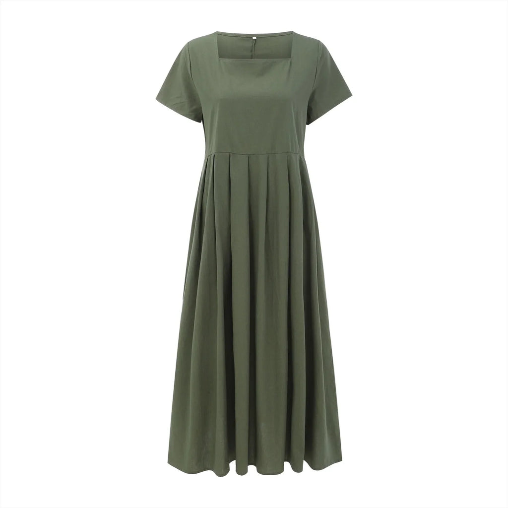 Casual Solid Color Square Collar Cotton Linen Swing Party Midi SunVestidos Dress
