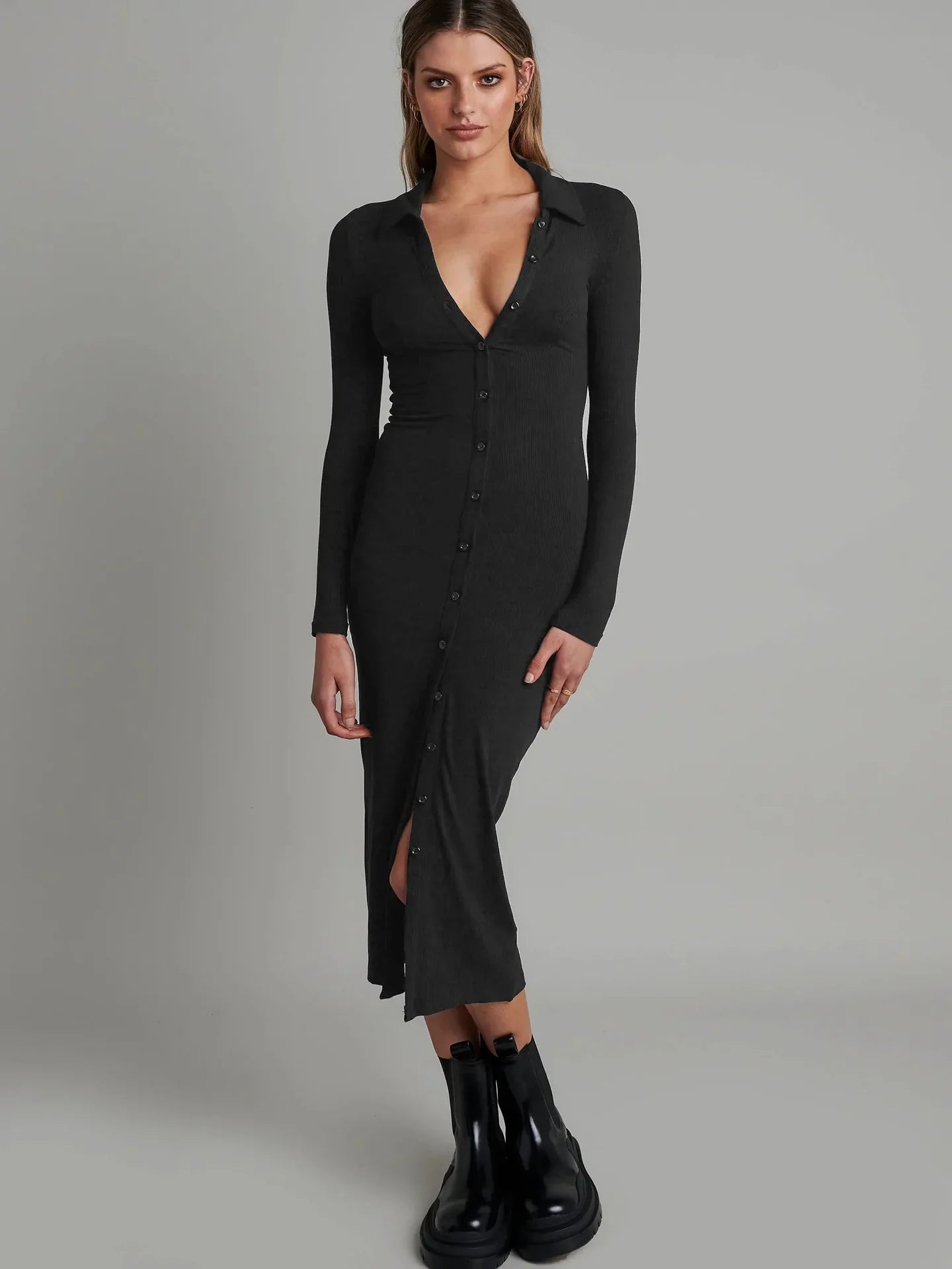 Tight Bag Hip Buttonup Ribbed Slim Midi Dresses