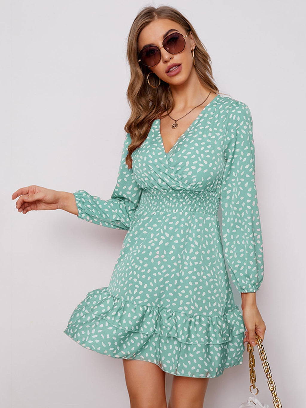 Women's sexy v neck bubble long sleeve small floral dress