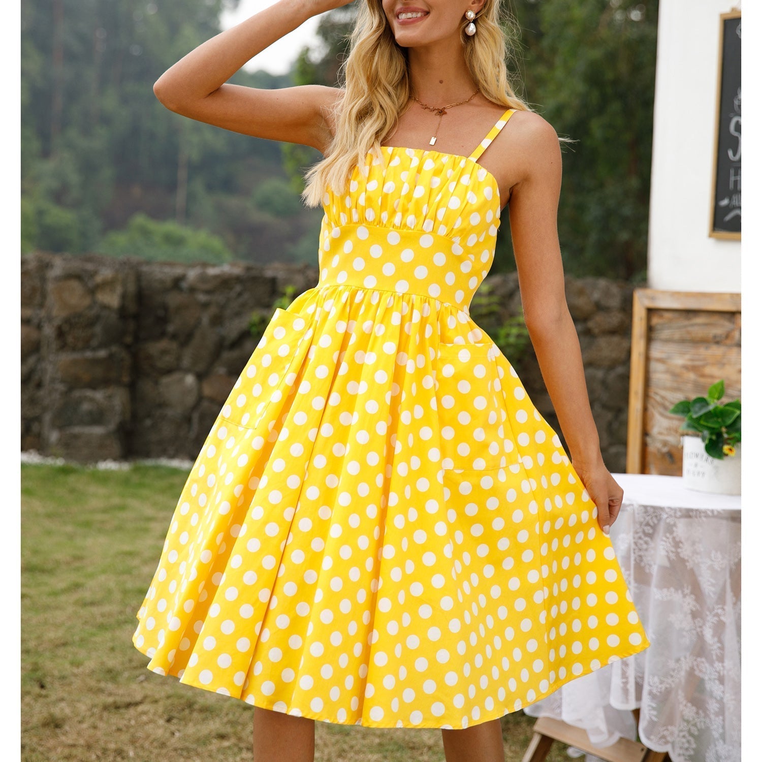 Womens 1950s Retro Rockabilly Princess Cosplay Dress with pockets polka dot apron 50's 60's Party Costume Gown(S 2XL)